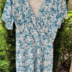 Fensace faux wrap Floral Blue Midi Dress (List#S9)